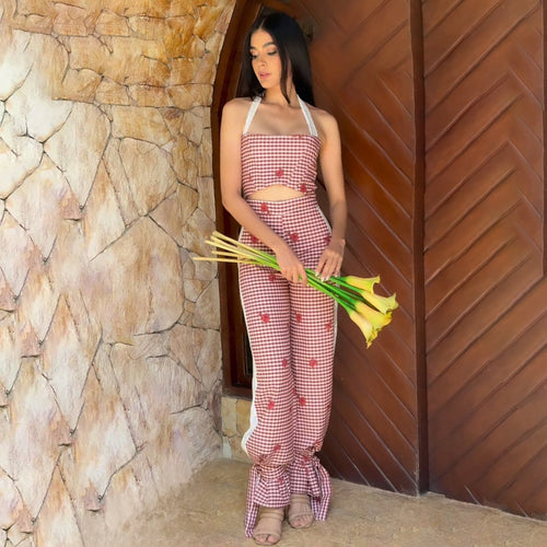 Damen Zweiteiliges Set mit charmantem Karomuster und verspieltem Cut-Out R&B