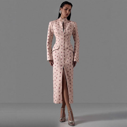 Damen Elegantes Langarmkleid mit floralem Muster und hochgeschlossenem Kragen R&B