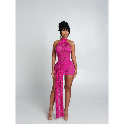 Damen Neckholder Minikleid mit raffiniertem Spitzenmuster und asymmetrischem Saum R&B