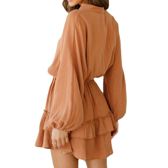 Damen Mini-Hemdblusenkleid mit aufregendem Rüschensaum und elastischem Taillenzug Heidi-Mode
