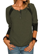 Damen lässiges Langarmshirt mit gestreiften Farbblockdetails und Knopfverschluss