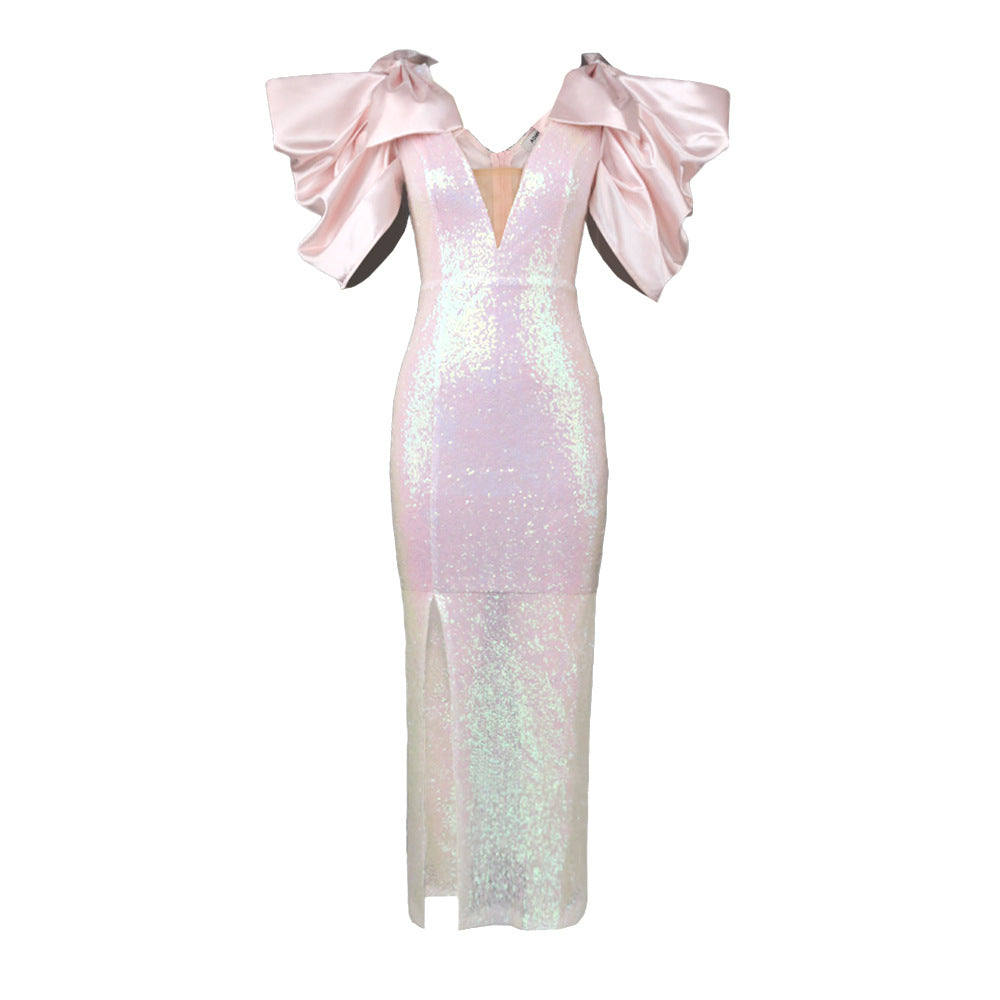 Damen Figurbetontes Glamour-Kleid mit schimmerndem Stoff und voluminösen Ärmeln R&B