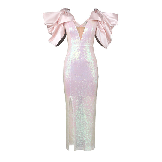 Damen Figurbetontes Glamour-Kleid mit schimmerndem Stoff und voluminösen Ärmeln R&B