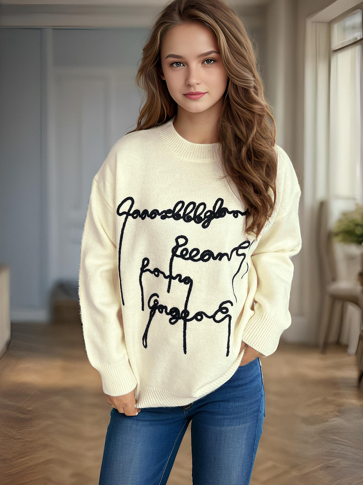 Damen lässiger Pullover mit kreativem Schriftzug R&B