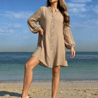 Damen lässiges Strandhemdkleid mit Knopfleiste und ballonförmigen Ärmeln R&B