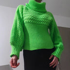 Damen Lockere Strickpullover mit hohem Kragen und ausgefallenem Zopfmuster R&B
