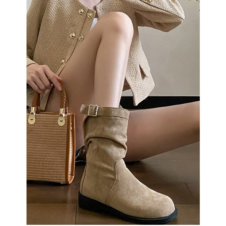 Damen Trendige Stiefel mit modischem Falten-Design und dekorativem Schnallenverschluss R&B