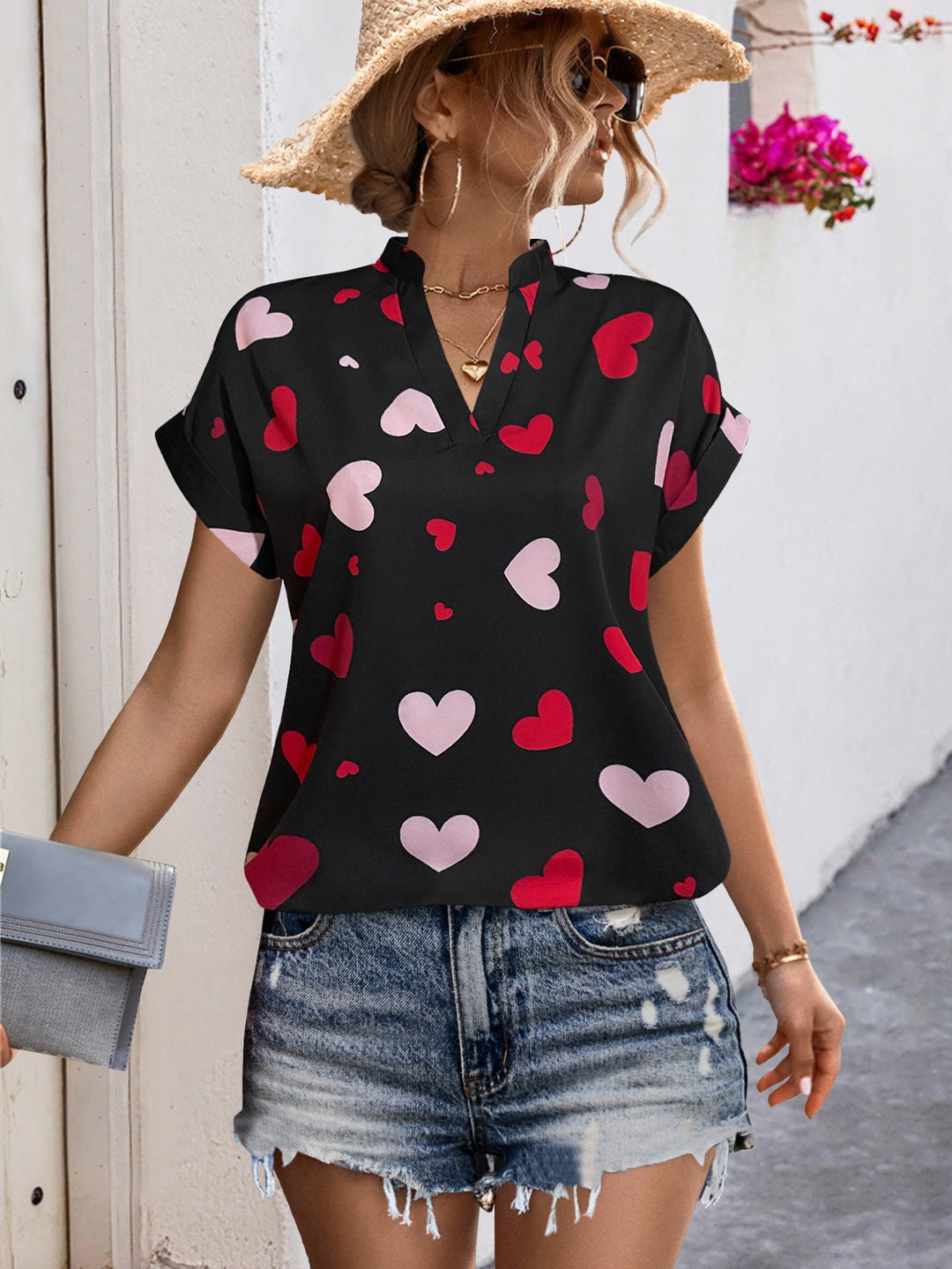 Damen luftiges Blusenshirt mit herzförmigem Print und lockerer Passform R&B