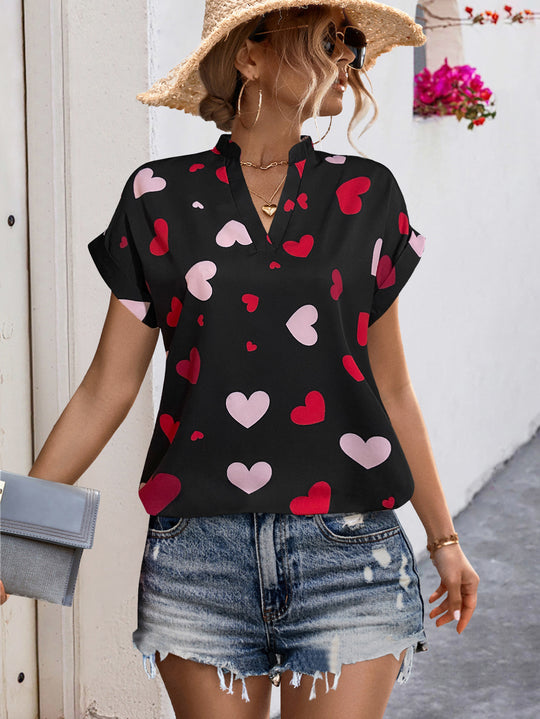 Damen luftiges Blusenshirt mit herzförmigem Print und lockerer Passform R&B