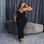 Damen langes Kleid mit raffiniertem Schnitt und tiefem Ausschnitt R&B