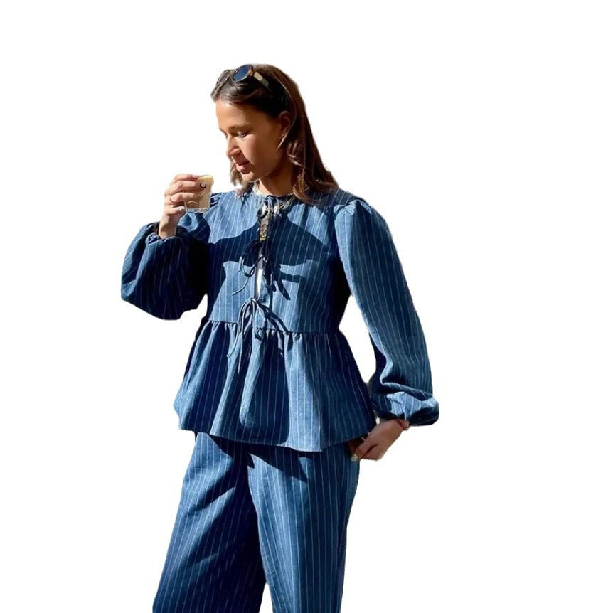 Damen modisches Denim-Oberteil mit taillierter Silhouette und Volant R&B