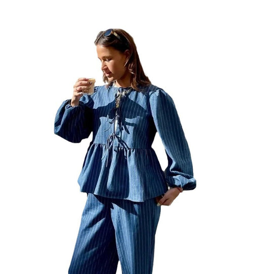 Damen modisches Denim-Oberteil mit taillierter Silhouette und Volant R&B