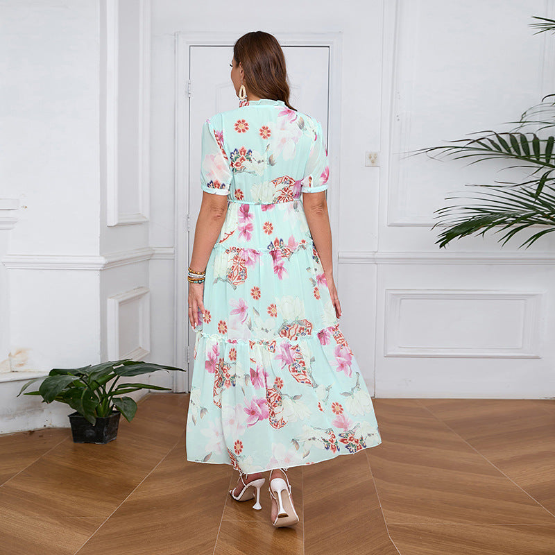Damen Bohemian Maxikleid mit voluminösem Rock und floralem Design R&B