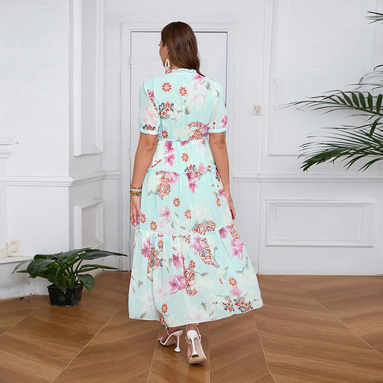 Damen Bohemian Maxikleid mit voluminösem Rock und floralem Design R&B