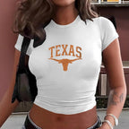 Damen Crop-T-Shirt mit kreativem Texas-Design und figurbetontem Schnitt R&B
