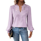 Damen nan Spitzenapplikation V-Ausschnitt Bluse mit Strukturpunkt, gerafften Manschetten und leicht taillierter Silhouette R&B