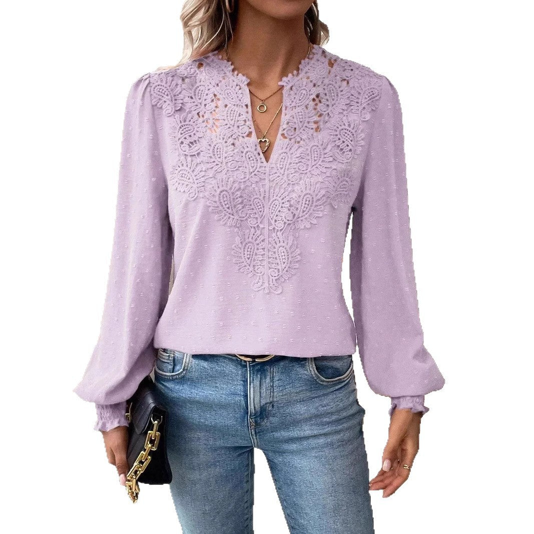 Damen nan Spitzenapplikation V-Ausschnitt Bluse mit Strukturpunkt, gerafften Manschetten und leicht taillierter Silhouette R&B