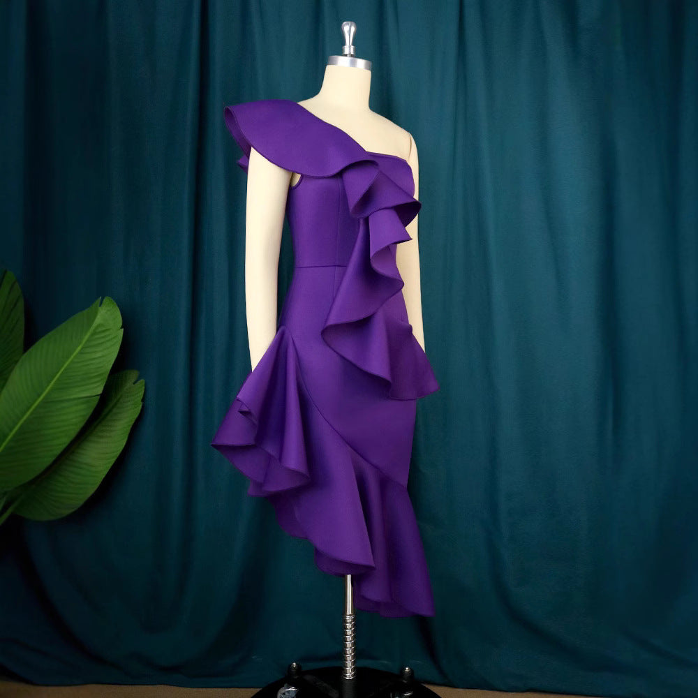 Damen Elegantes Maxi Kleid mit asymmetrischem Rüschendesign R&B