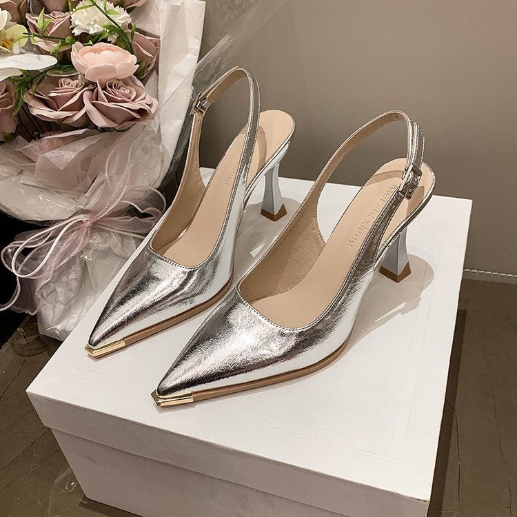 Damen elegante Slingback-Pumps mit spitzer Kappe und glänzender Oberfläche R&B