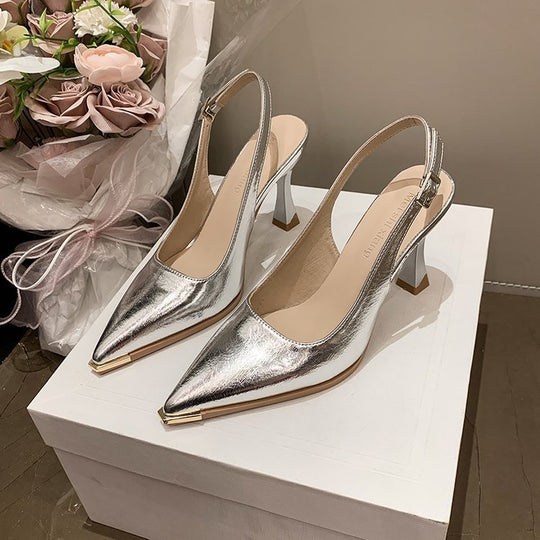 Damen elegante Slingback-Pumps mit spitzer Kappe und glänzender Oberfläche R&B