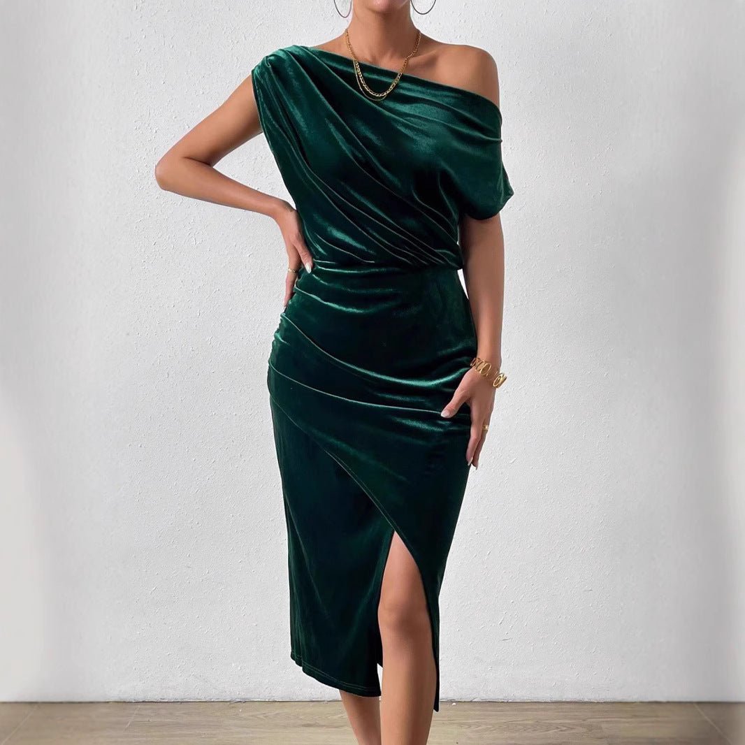 Damen Elegantes Schulterfreies Midikleid im Fließenden Design R&B