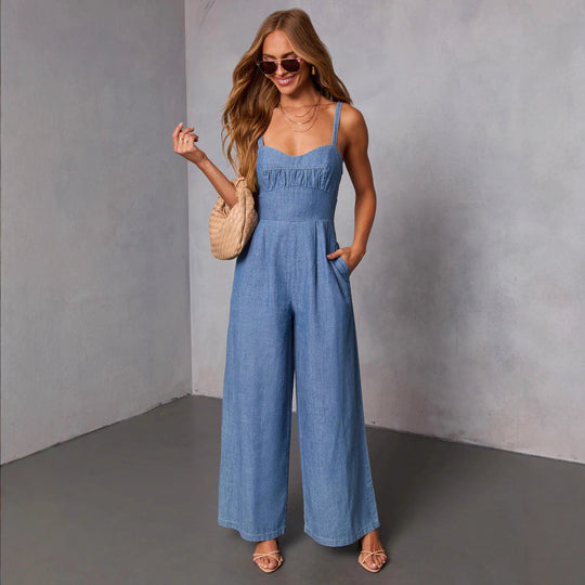 Damen lässiger Denim-Jumpsuit mit elegantem Bustier-Oberteil und weitem Bein R&B
