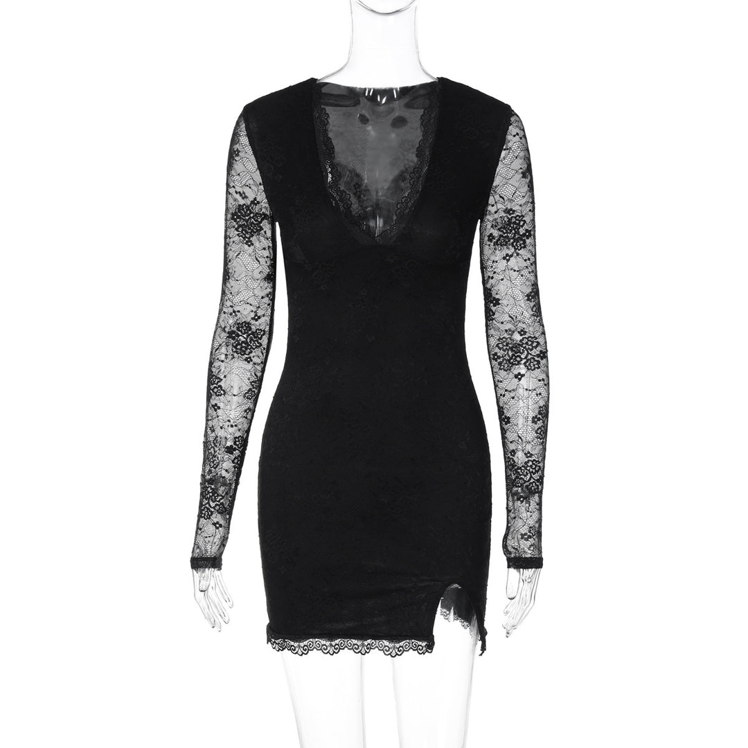 Damen Elegantes Spitzenkleid mit tiefem V-Ausschnitt und langen Ärmeln R&B