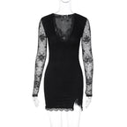 Damen Elegantes Spitzenkleid mit tiefem V-Ausschnitt und langen Ärmeln R&B