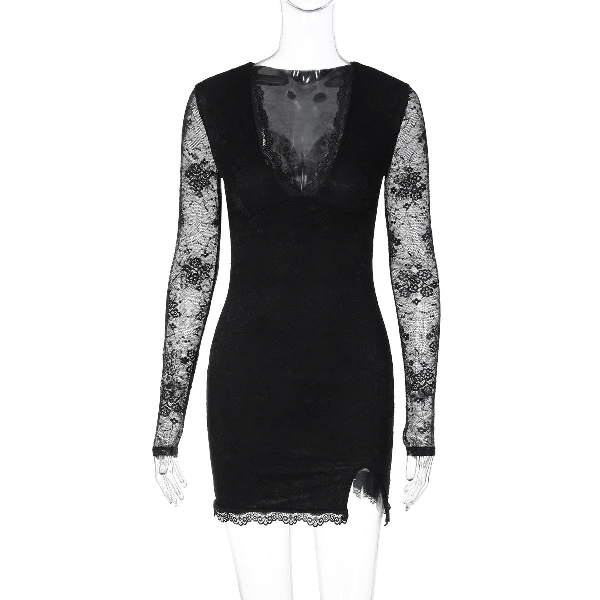 Damen Elegantes Spitzenkleid mit tiefem V-Ausschnitt und langen Ärmeln R&B