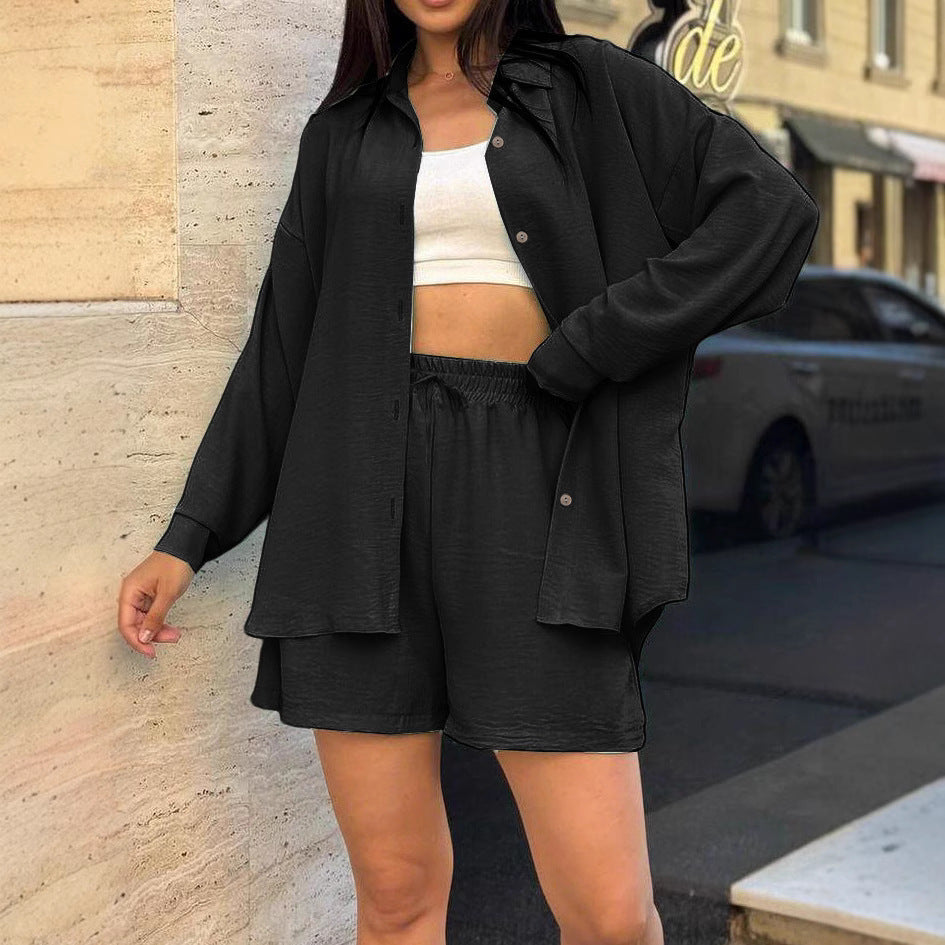 Damen lässiges Kurzarm-Set mit geknöpfter Bluse und bequemen Shorts R&B