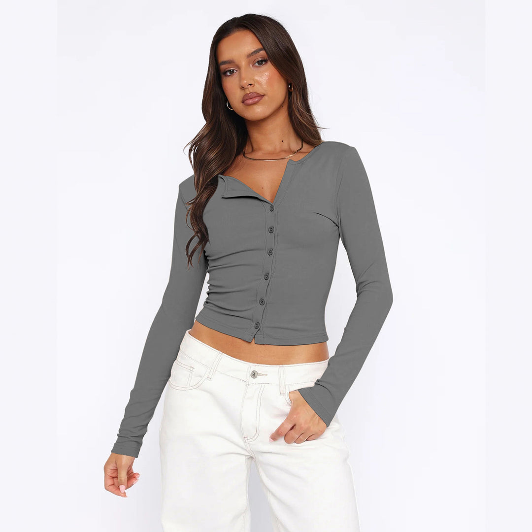 Damen figurbetontes Langarmshirt mit Knopfleiste R&B