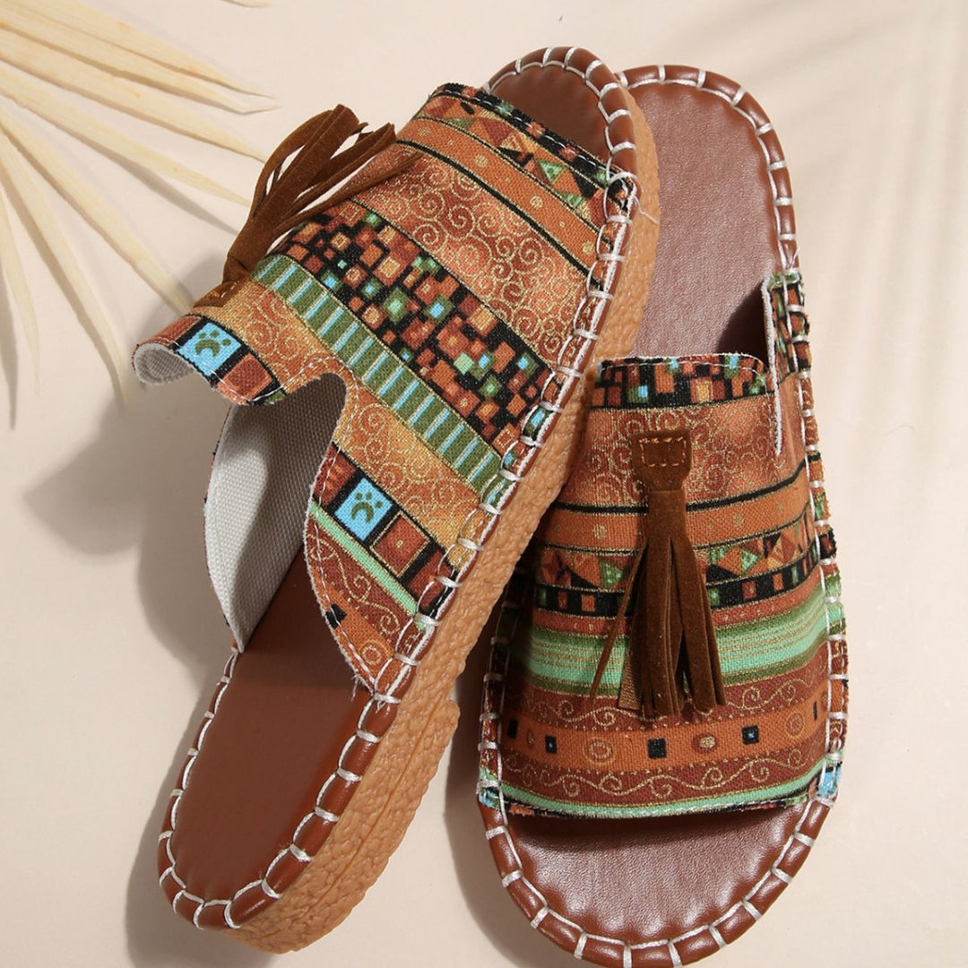 Damen lässige Riemchen-Sandalen mit buntem Ethno-Design und modischem Quasten-Detail R&B