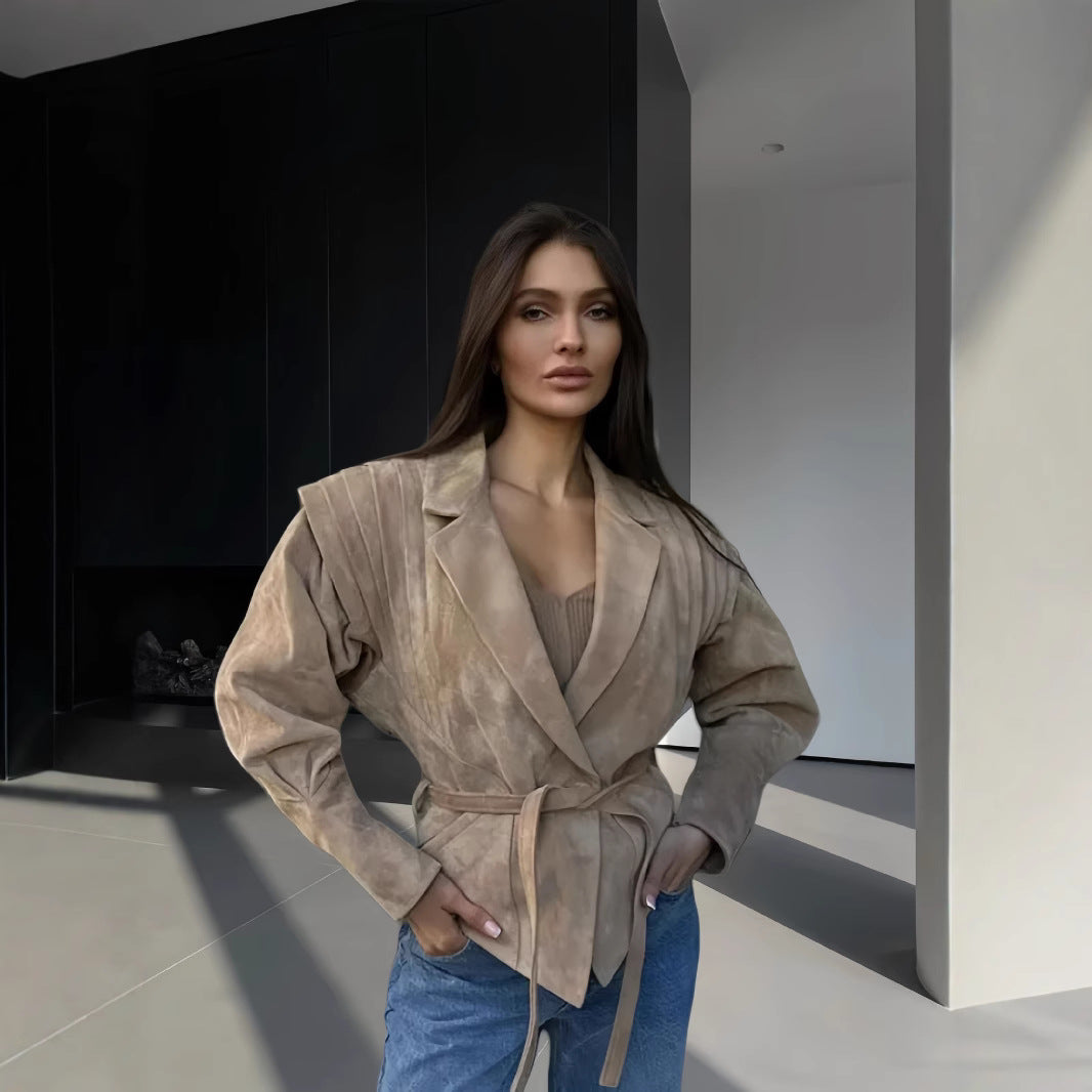Damen schicke Wollblazerjacke mit Taillengürtel R&B