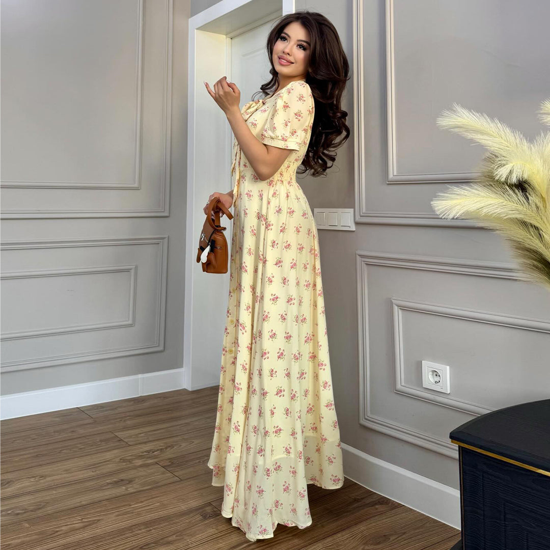 Damen Maxikleid mit eleganter Schleifenbindung und romantischem Blütenmuster R&B