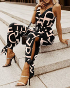 Damen Modischer Jumpsuit mit tiefem V-Ausschnitt und elegantem Druck R&B