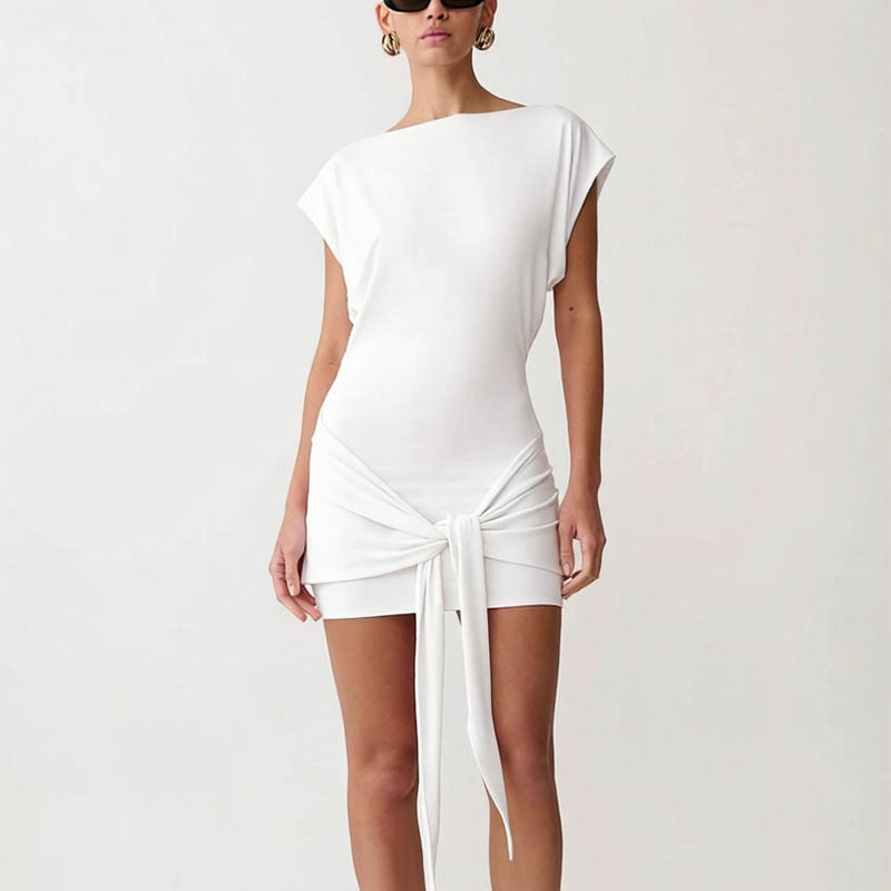 Damen Raffiniertes Minikleid mit angeschnittenem Ausschnitt und seitlichem Knoten R&B