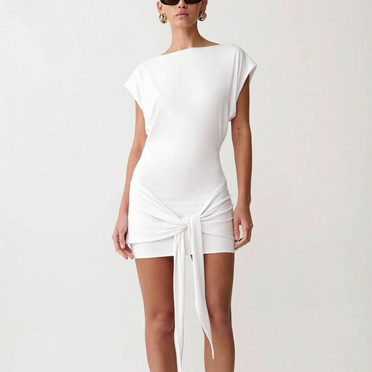 Damen Raffiniertes Minikleid mit angeschnittenem Ausschnitt und seitlichem Knoten R&B