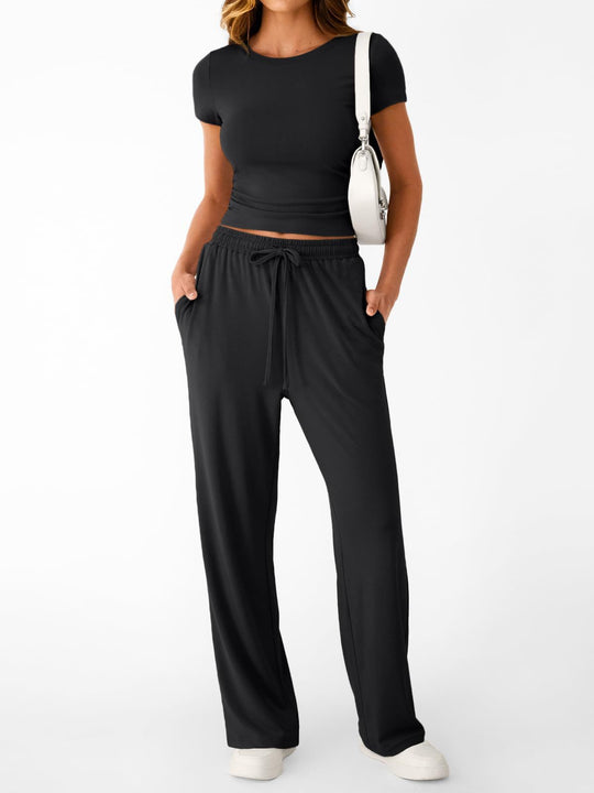 Damen lässiger Freizeitanzug mit kurzen Ärmel und weiten Hosen R&B