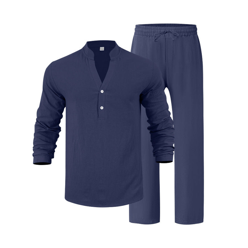 Herren komfortables Homewear-Set mit eleganter Knopfleiste und langen Hosen R&B