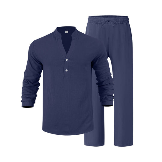 Herren komfortables Homewear-Set mit eleganter Knopfleiste und langen Hosen R&B