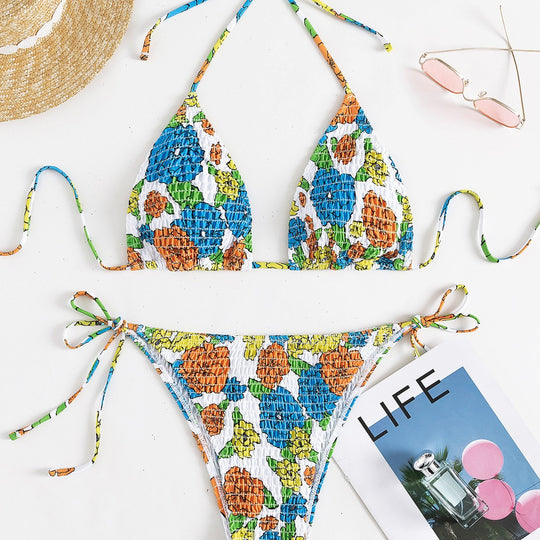 Damen Triangel-Bikini mit buntem Floral-Muster und elastischen Bindebändern R&B
