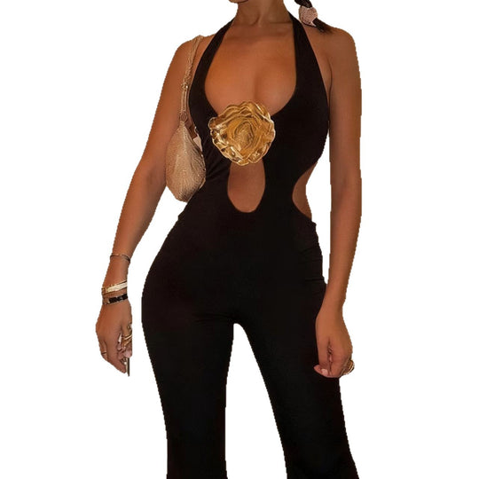 Damen Eleganter Jumpsuit mit ausgefallenem Cut-Out-Design und hohem Kragen R&B