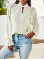 Damen elegante Bluse mit leicht transparenten Ärmeln und dekorativem Stehkragen R&B