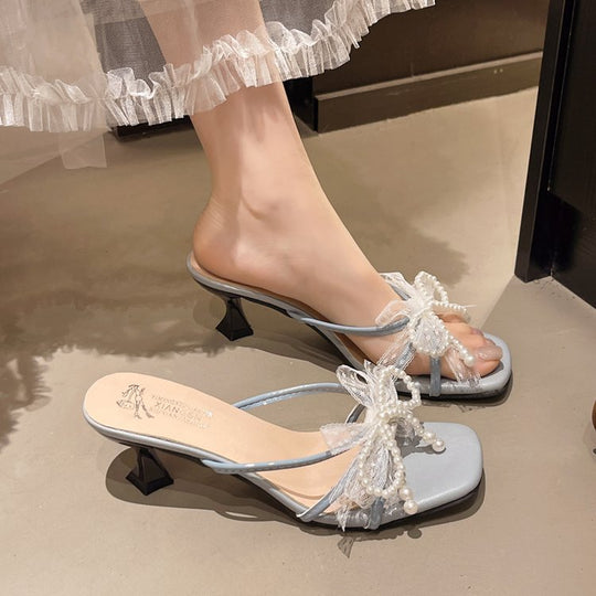 Damen elegante Plateau-Sandaletten mit durchscheinendem Riemen und opulenten Schleifenakzenten R&B