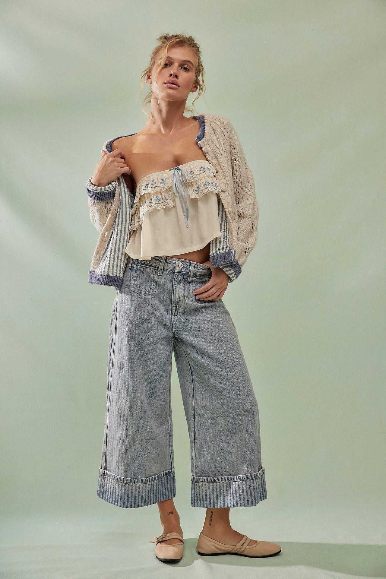 Damen Weite Jeans mit modischer Streifenbordüre