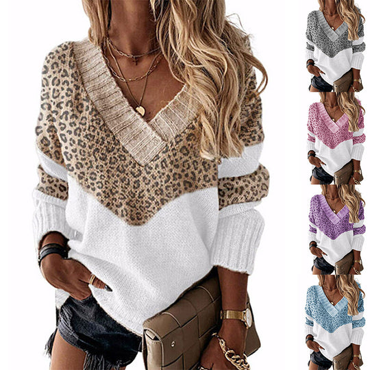 Damen V-Ausschnitt Pullover mit Leopardenmuster R&B