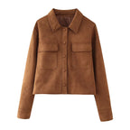 Damen modische Kurzjacke aus Wildlederimitat mit praktischen Taschen und elegantem Kragen R&B
