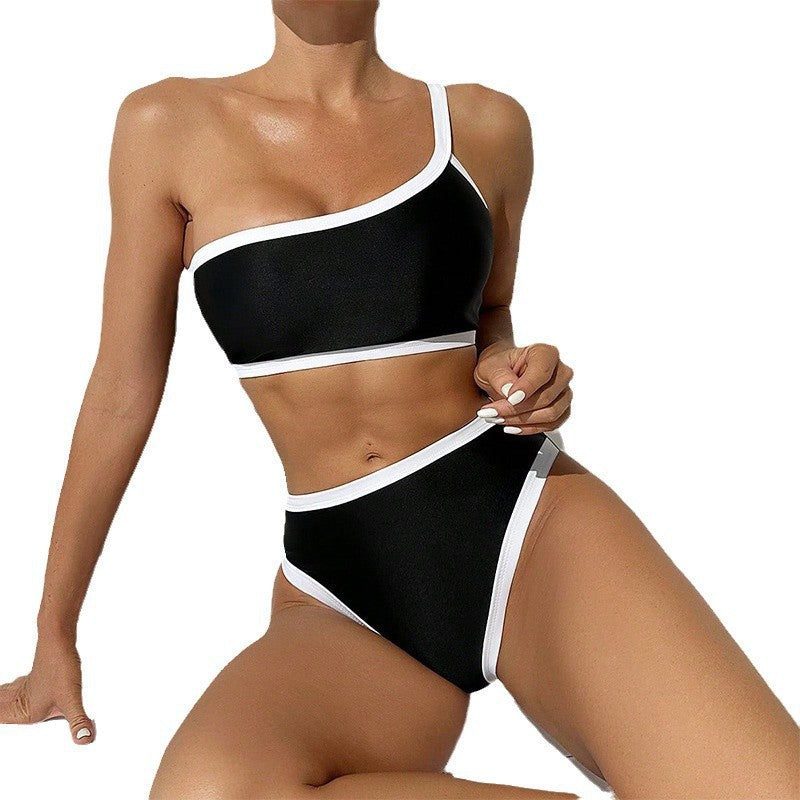 Damen Einseitiger Bikini mit kontrastierendem Design und hochgeschnittenem Unterteil R&B