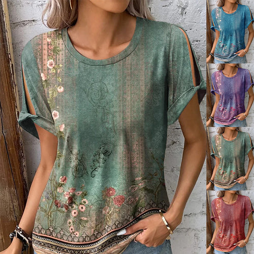 Damen florales Oversized-T-Shirt mit Cut-Out-Ärmeln R&B