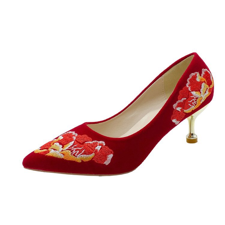 Damen Spitzen-Pumps mit floralem Stickdesign und elegantem goldfarbenen Absatz R&B